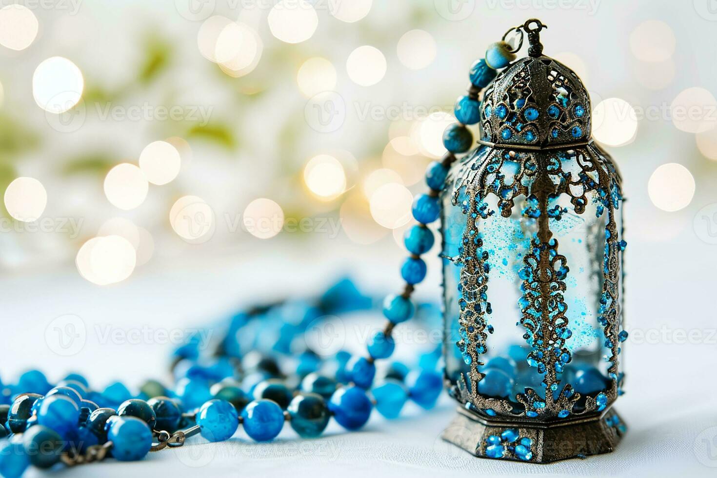AI generated Ornamental Arabic lanterns. with tasbeeh on the table photo