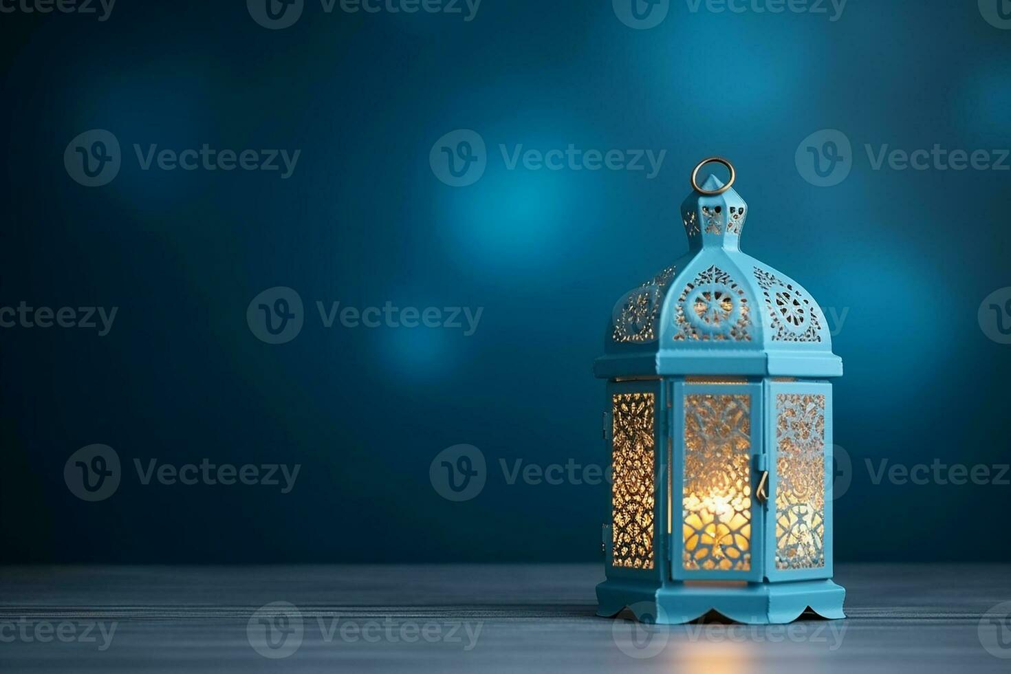 AI generated Arabic lantern glowing on blue background holy month Ramadan Kareem photo