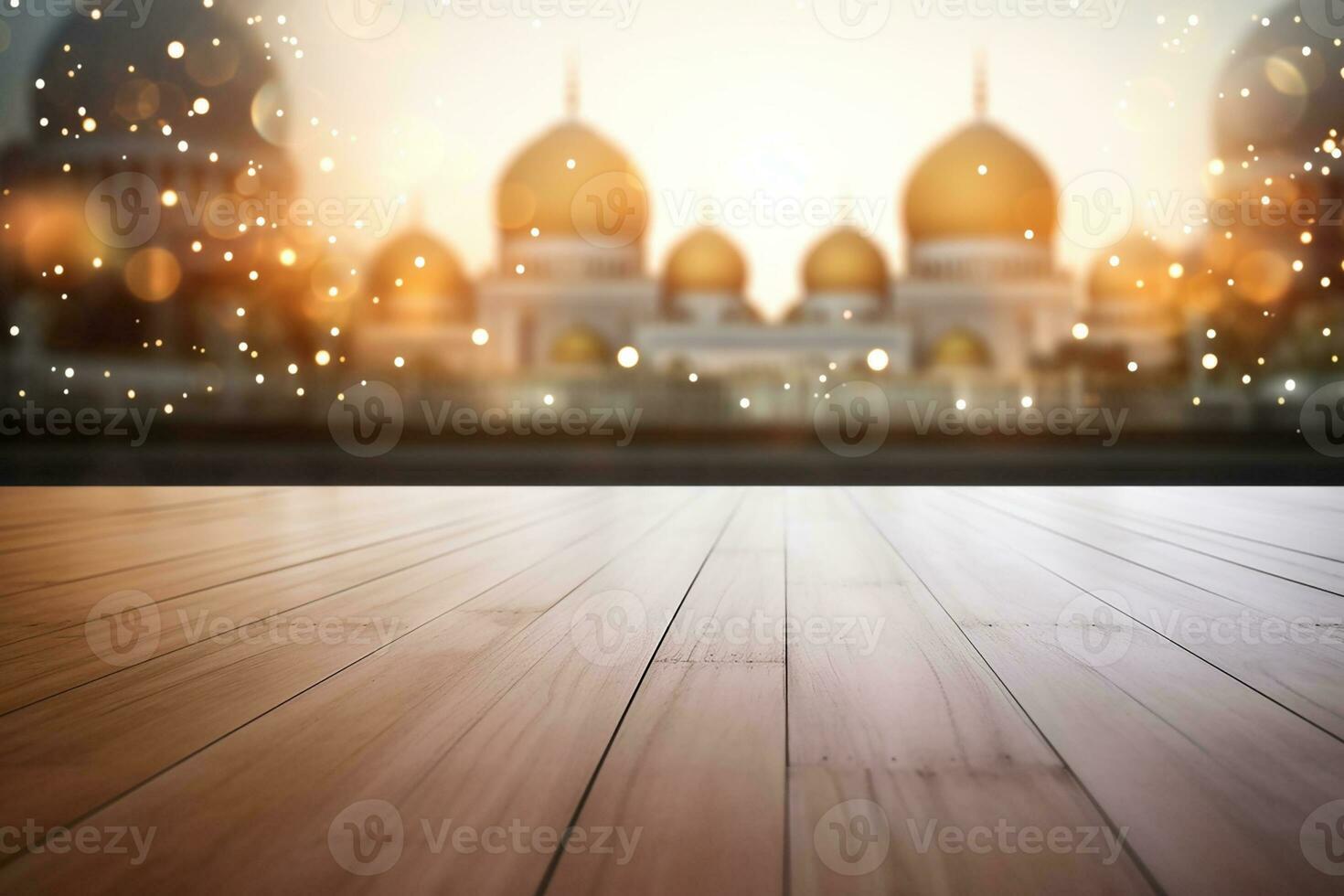 AI generated Empty beautiful wood table top counter and blur bokeh mosque in background photo