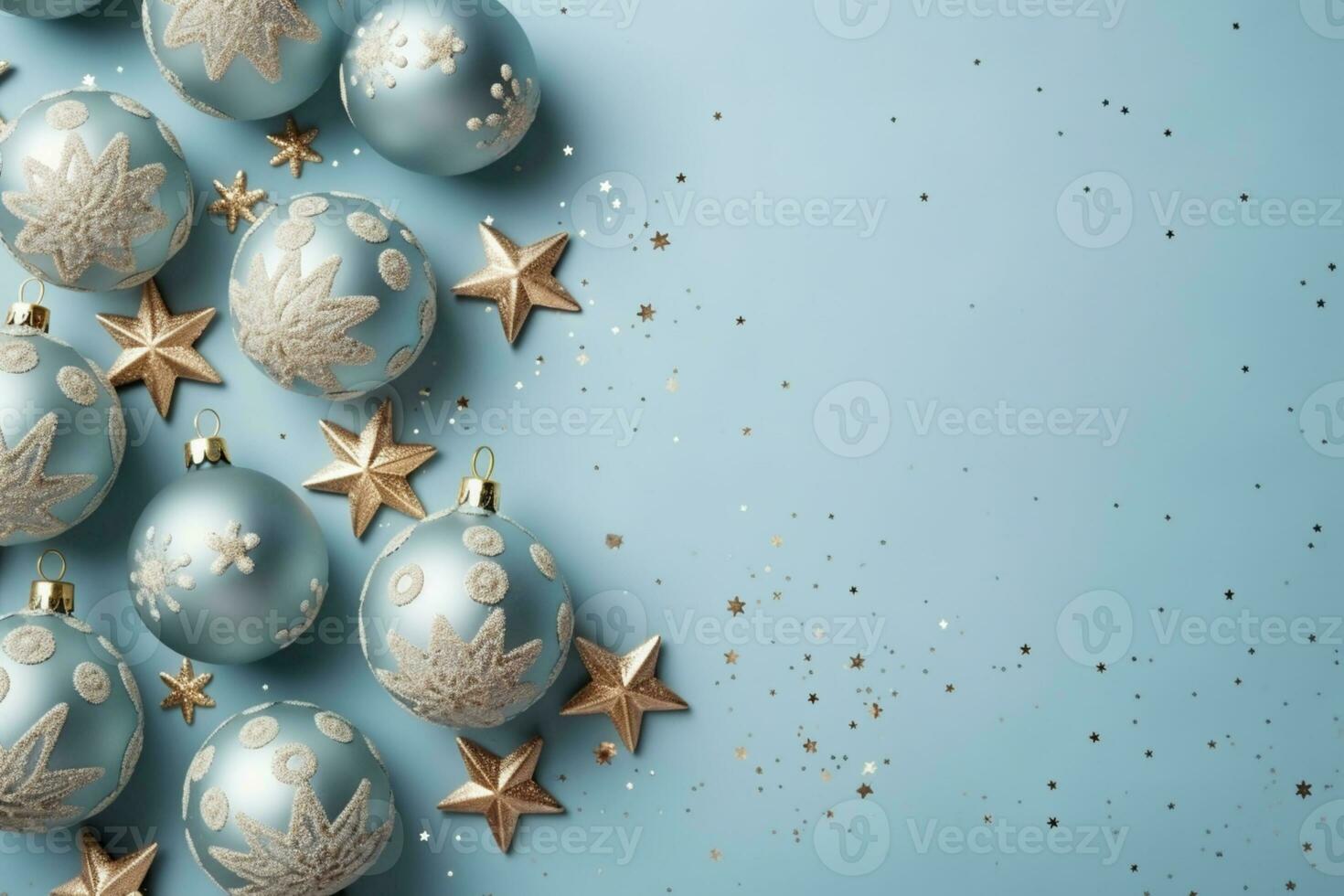 AI generated christmas holidays composition of fir tree branches with baubles and copy space photo