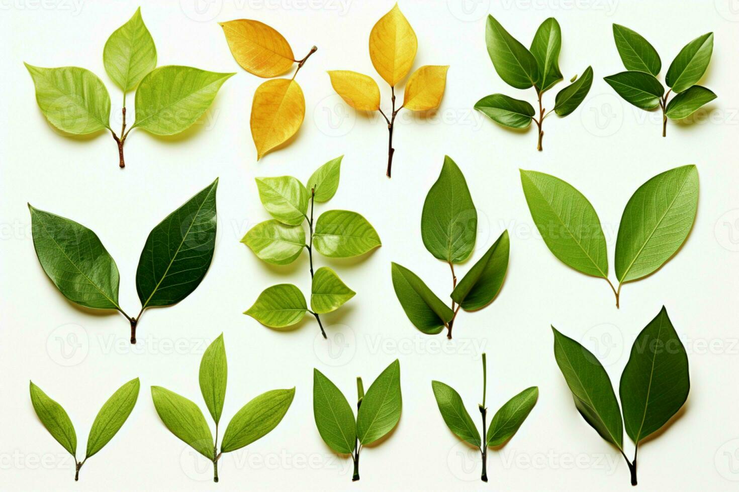 AI generated Fresh herb collection Basil leaves arranged on a simple white backdrop AI Generated photo