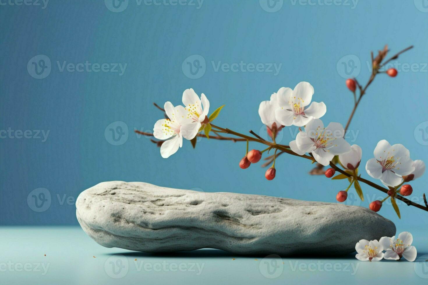 AI generated Lying stone and flowers on a serene light blue background photo