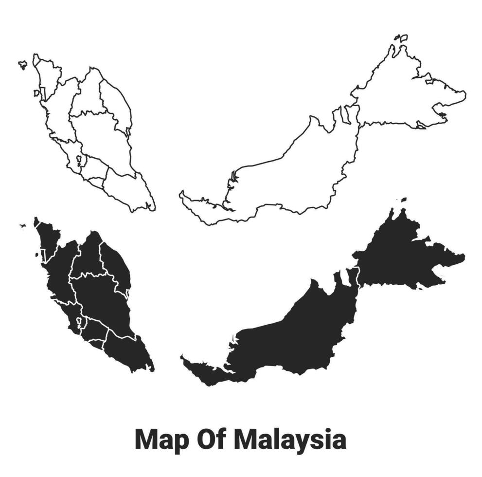 vector negro mapa de Malasia país con fronteras de regiones