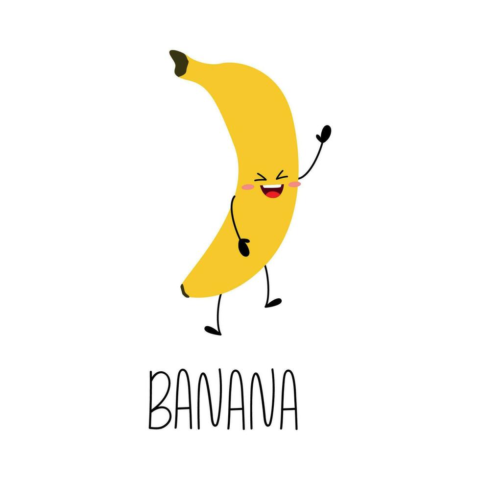Cute laughing hand drawn  banana character. Learning fruit flashcard with it name for kids. Vector