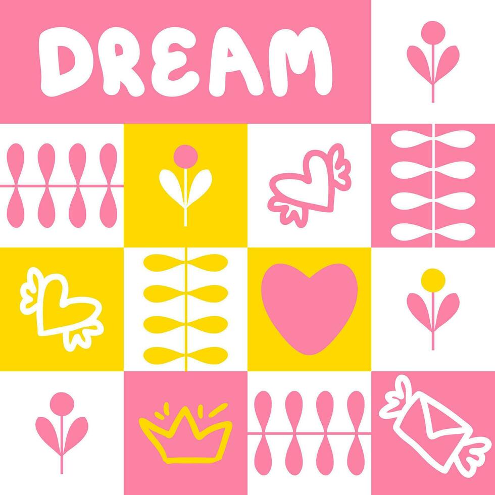Checkered seamless pattern with flying hearts, letters and text DREAM. Geometric print for tee, paper, fabric, textile. Retro style vector illustration.