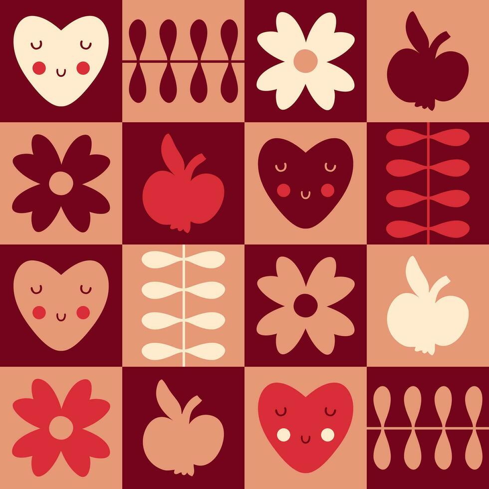 Swiss style seamless pattern with hearts and apples silhouettes. Checkered print for tee, paper, fabric, textile. Retro style vector illustration for decor and design.