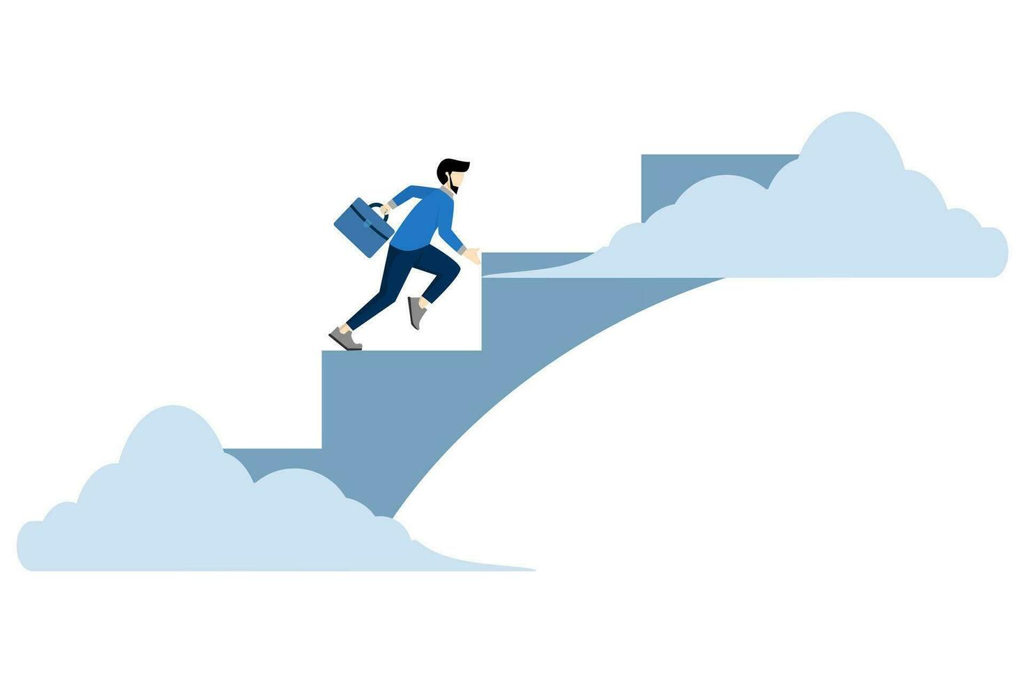 Businessman running with a suitcase up the stairs towards the sky, positive thinking to look for opportunities, inspiration for success, imagination and creativity to build hope and a bright future. vector