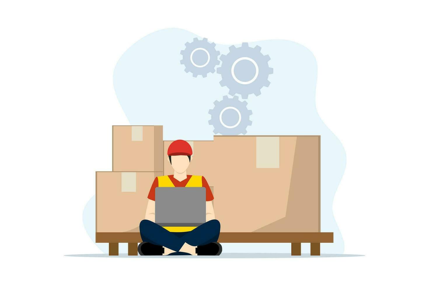 Logistics management monitoring concept. Smart warehouse management system. manager in warehouse monitors with laptop inventory level of goods on shelves. flat vector illustration on background.