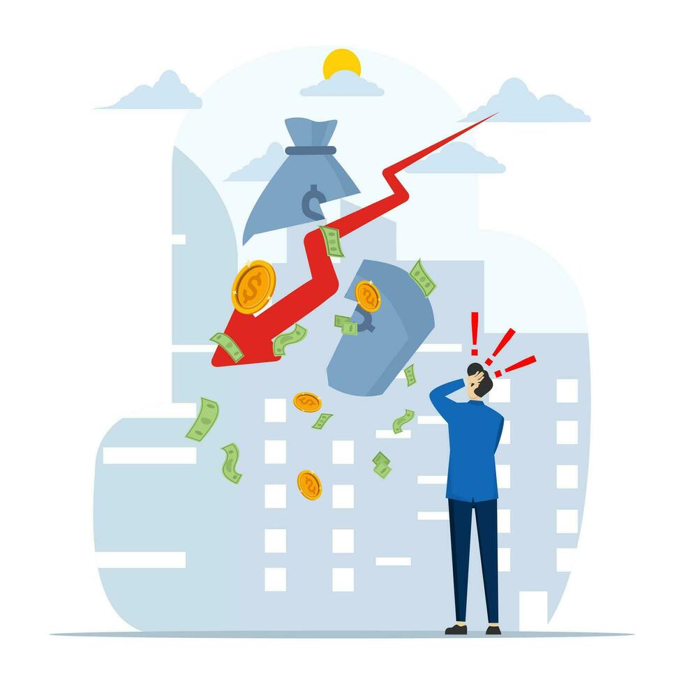 financial crisis concept. those small businesses that are depressed are experiencing a decline. company bankruptcy. The graph with the downward arrow shows the economy. flat vector illustration.