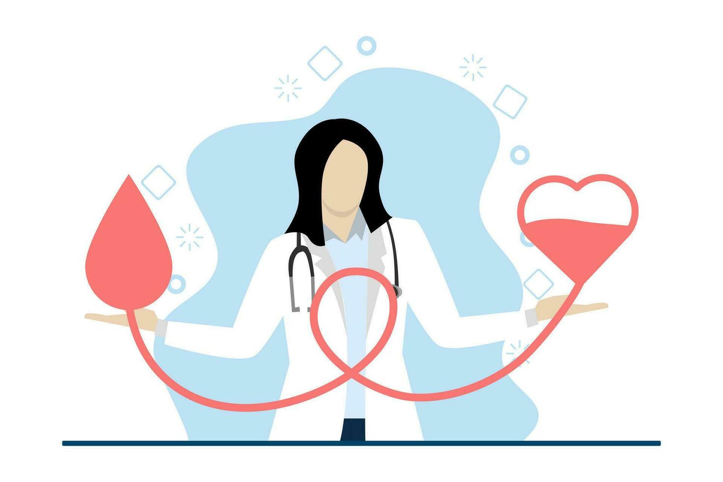 Concept of world blood donor day, blood donation, blood assistance for those in need, doctor with hand holding a drop of blood to put into a heart shaped container. vector design illustration.