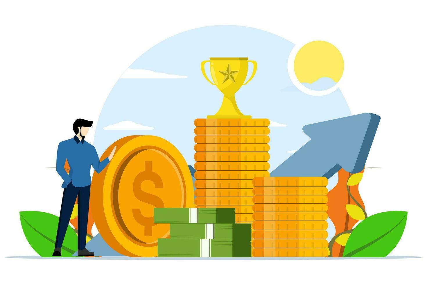 Financial growth concept. Young businessman holding big money, steps to grow money saving growth. Financial goals, wealth management and investment plans to achieve targets. flat vector illustration.