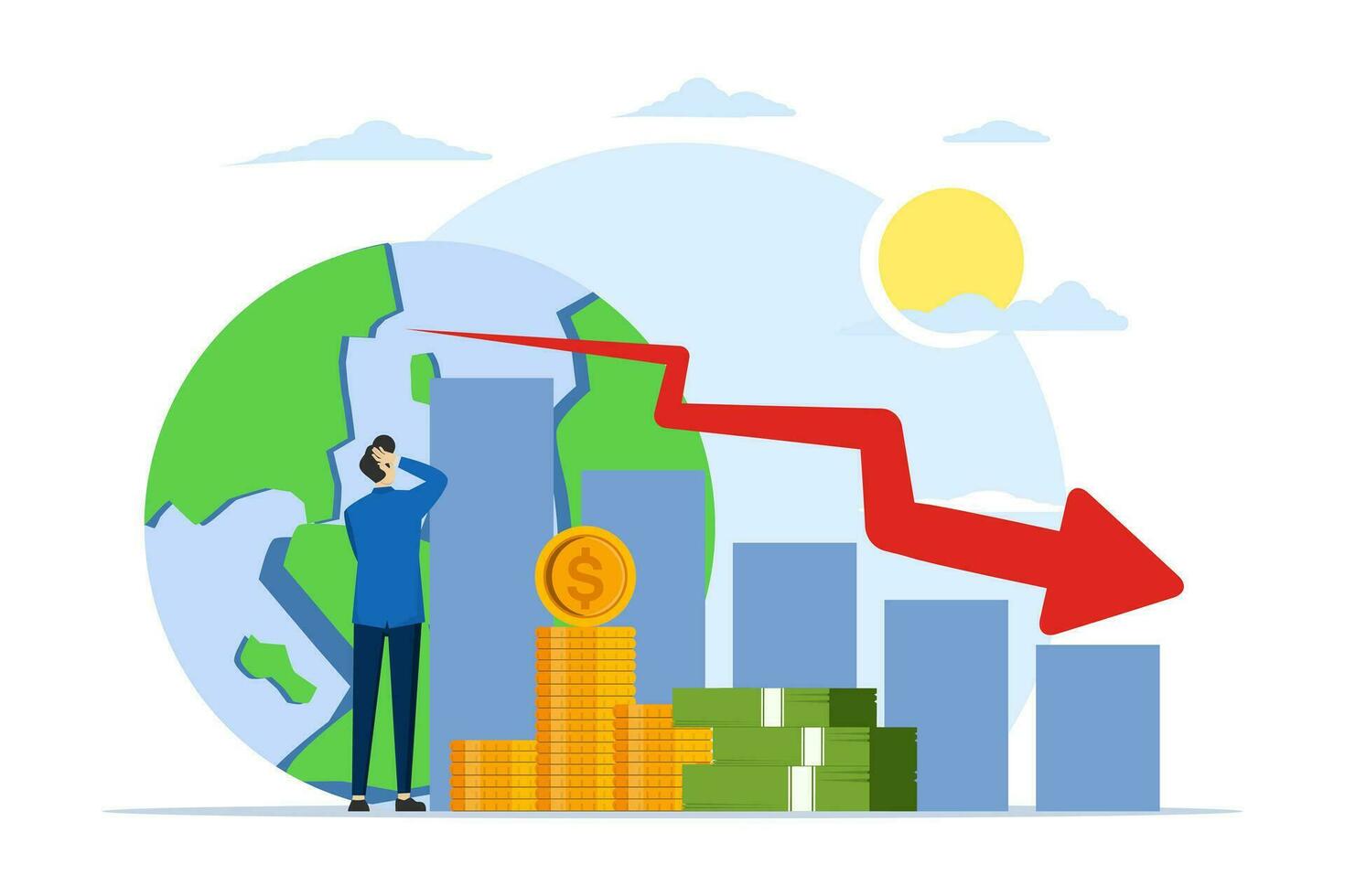 financial crisis concept. those small businesses that are depressed are experiencing a decline. company bankruptcy. The graph with the downward arrow shows the economy. flat vector illustration.