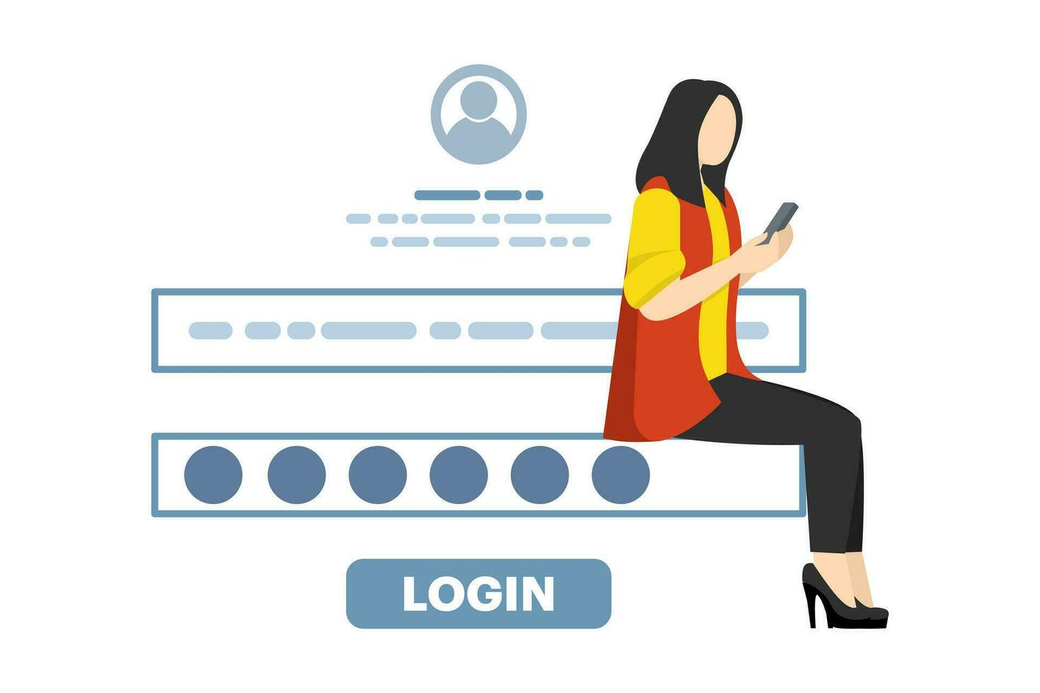concept of online account registration and login. woman registering or logging into online account with user interface. Secure login and password. flat vector illustration on white background.