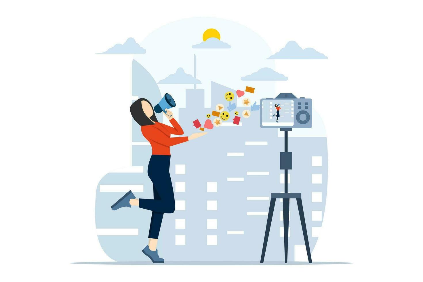 Video marketing concept. Earning money from videos with social network communication. advertising. Female video blogger making announcement with megaphone. vector illustration in flat style.