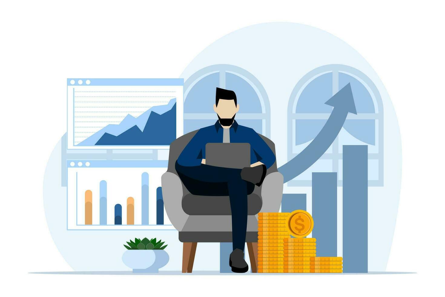 Concept of business idea planning strategy, brainstorming, analytical. Data analysis for business financial investment with businessman working on monitor graph dashboard. Flat vector illustration.
