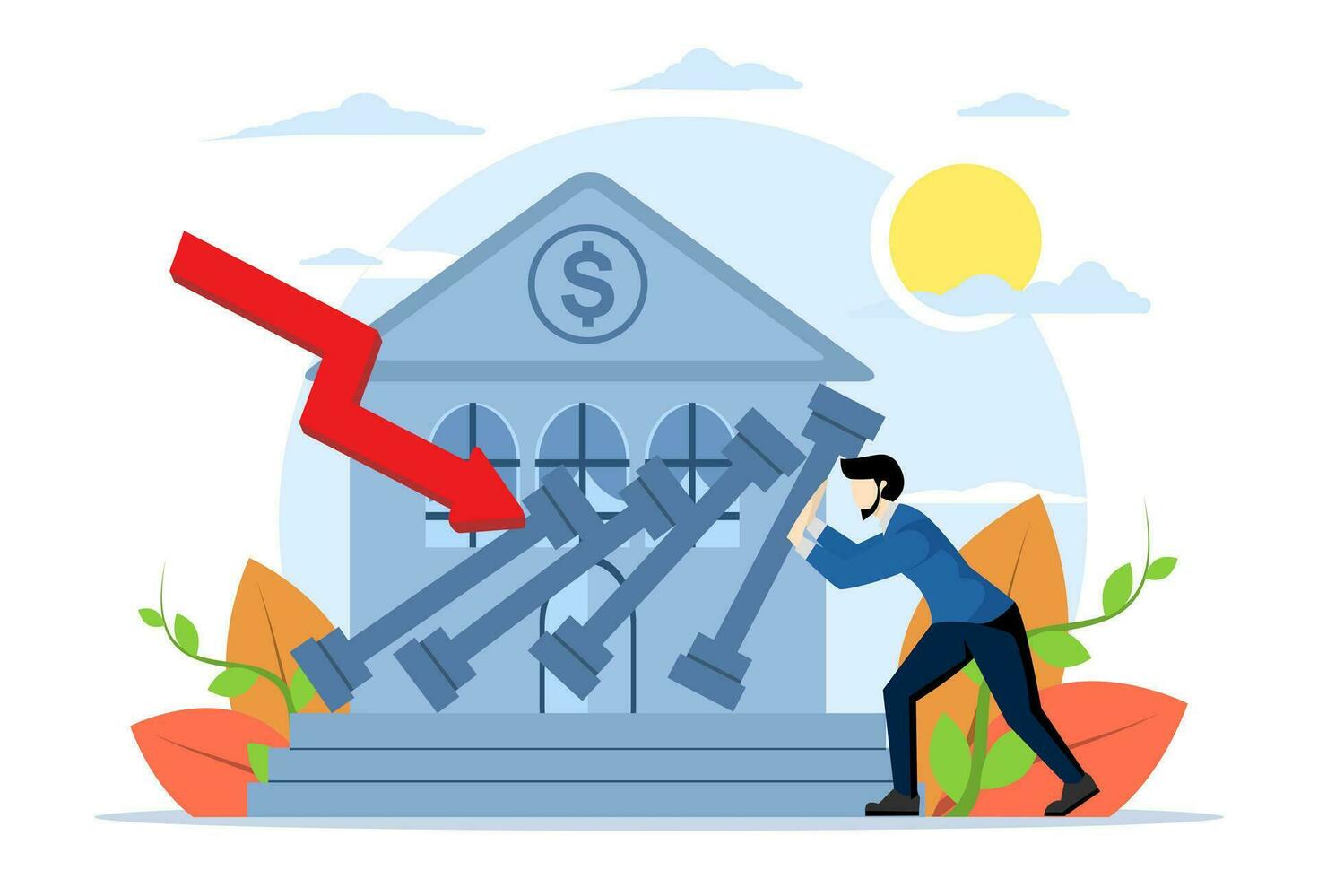 Bankruptcy concept. Businessman lifting collapsed building. economic downturn, profit and loss, business and finance, crisis, business loss. Arrow of financial decline, global recession. vector. vector