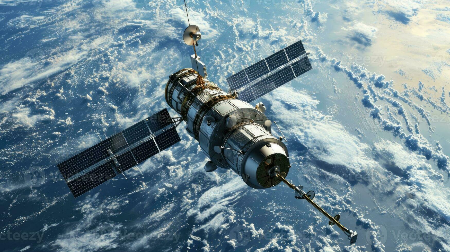 AI generated Space satellite with antenna and solar panels in space against the background of the earth. photo