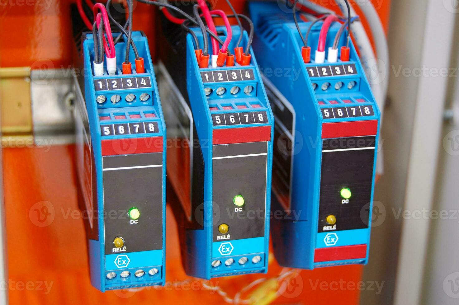 Electrical equipment. Automatic circuit breakers in a row. Electric switches in fusebox. photo