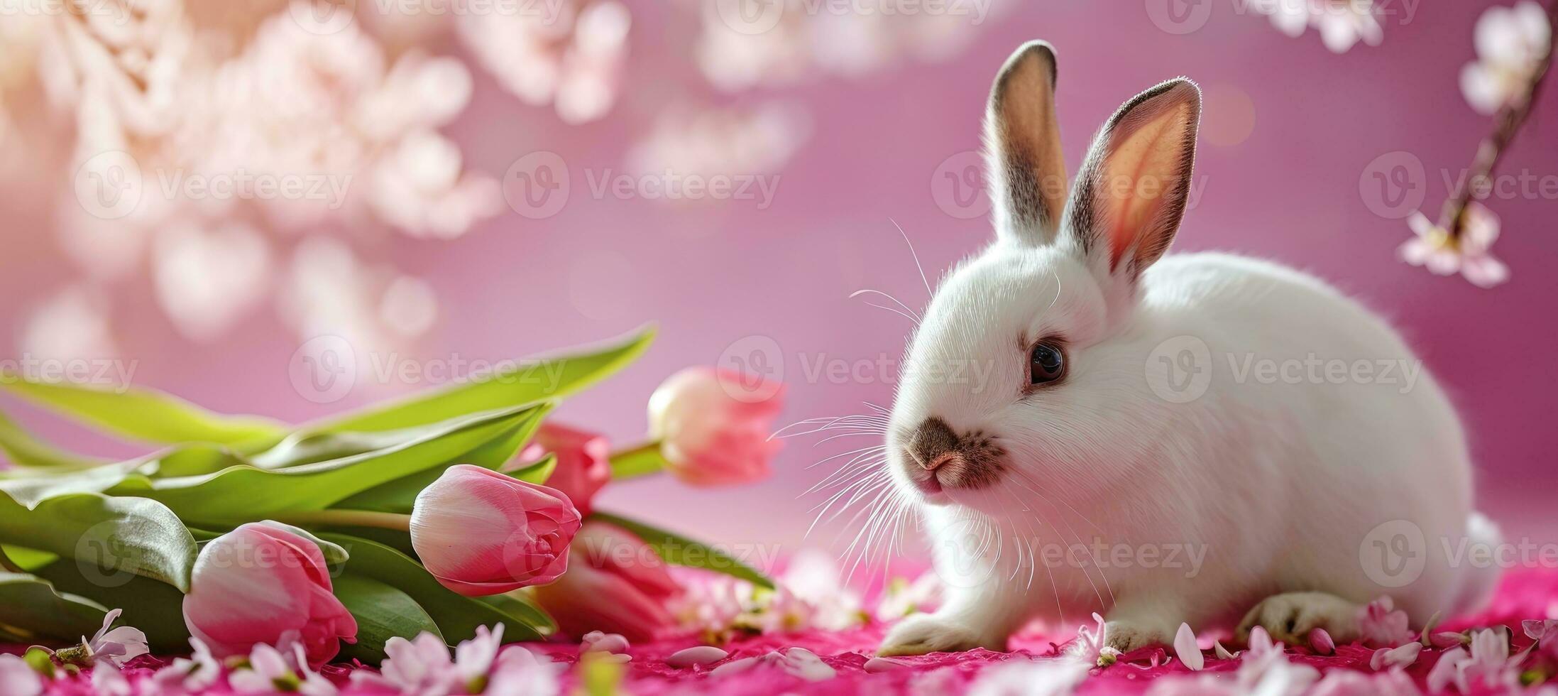 ai generado Pascua de Resurrección conejito con tulipanes flor en un rosado antecedentes foto