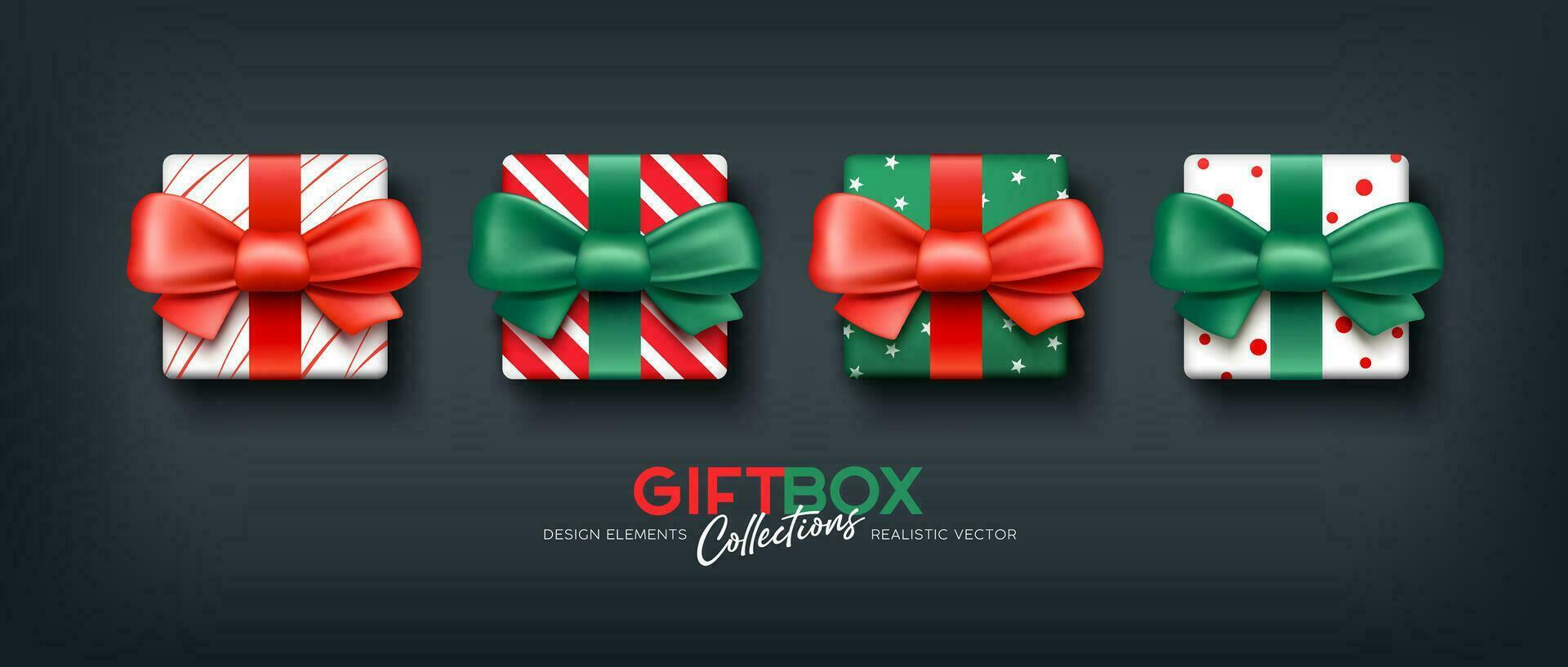Gifts box Red and Green bow and ribbon realistic collections. top view design on black background, Eps 10 vector illustration