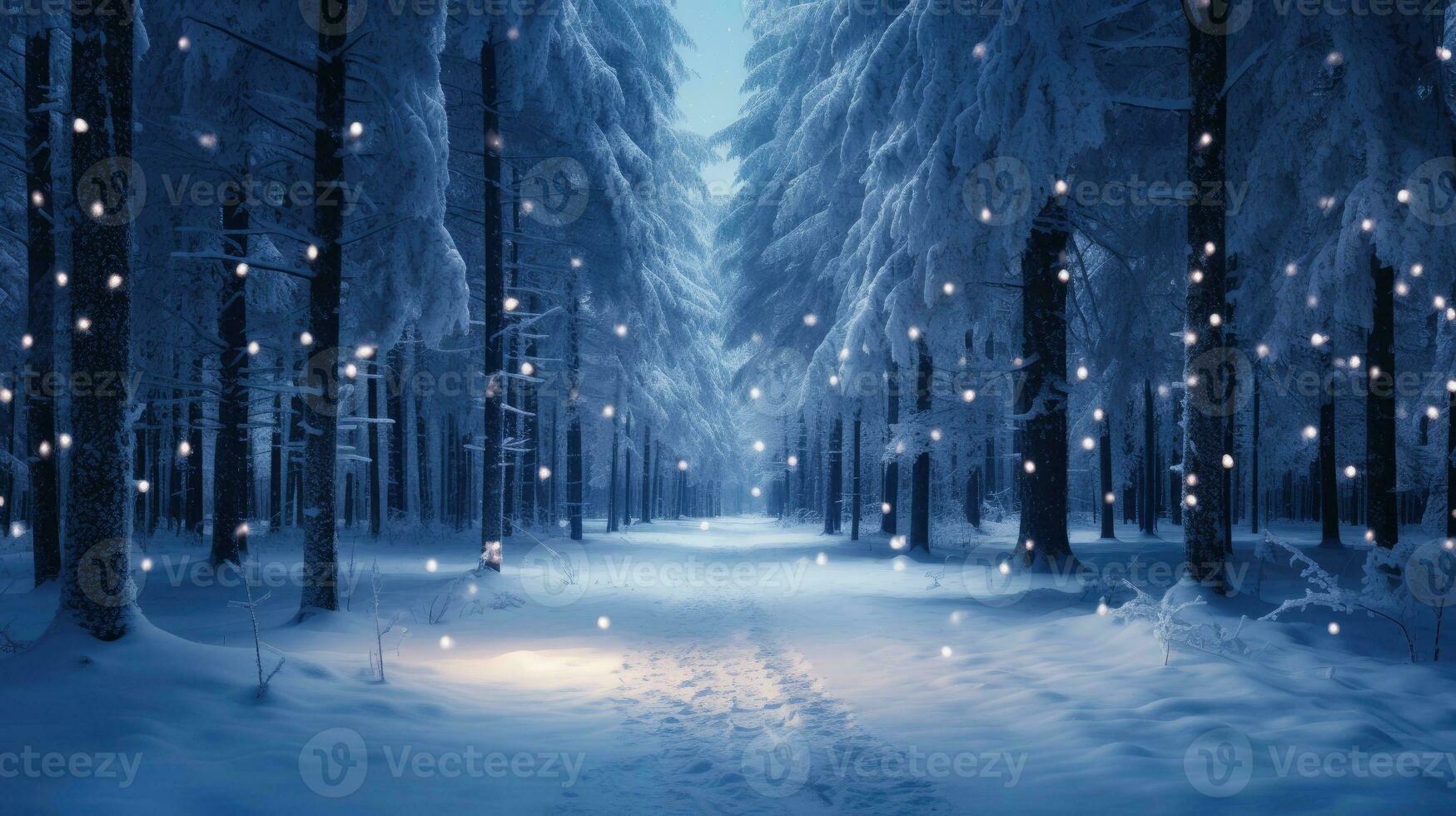 AI generated Snowy winter road with Christmas lights in spruce forest photo