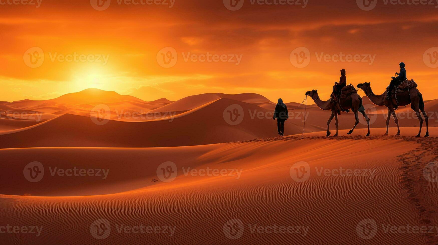 AI generated Camel caravan in the desert at sunset photo