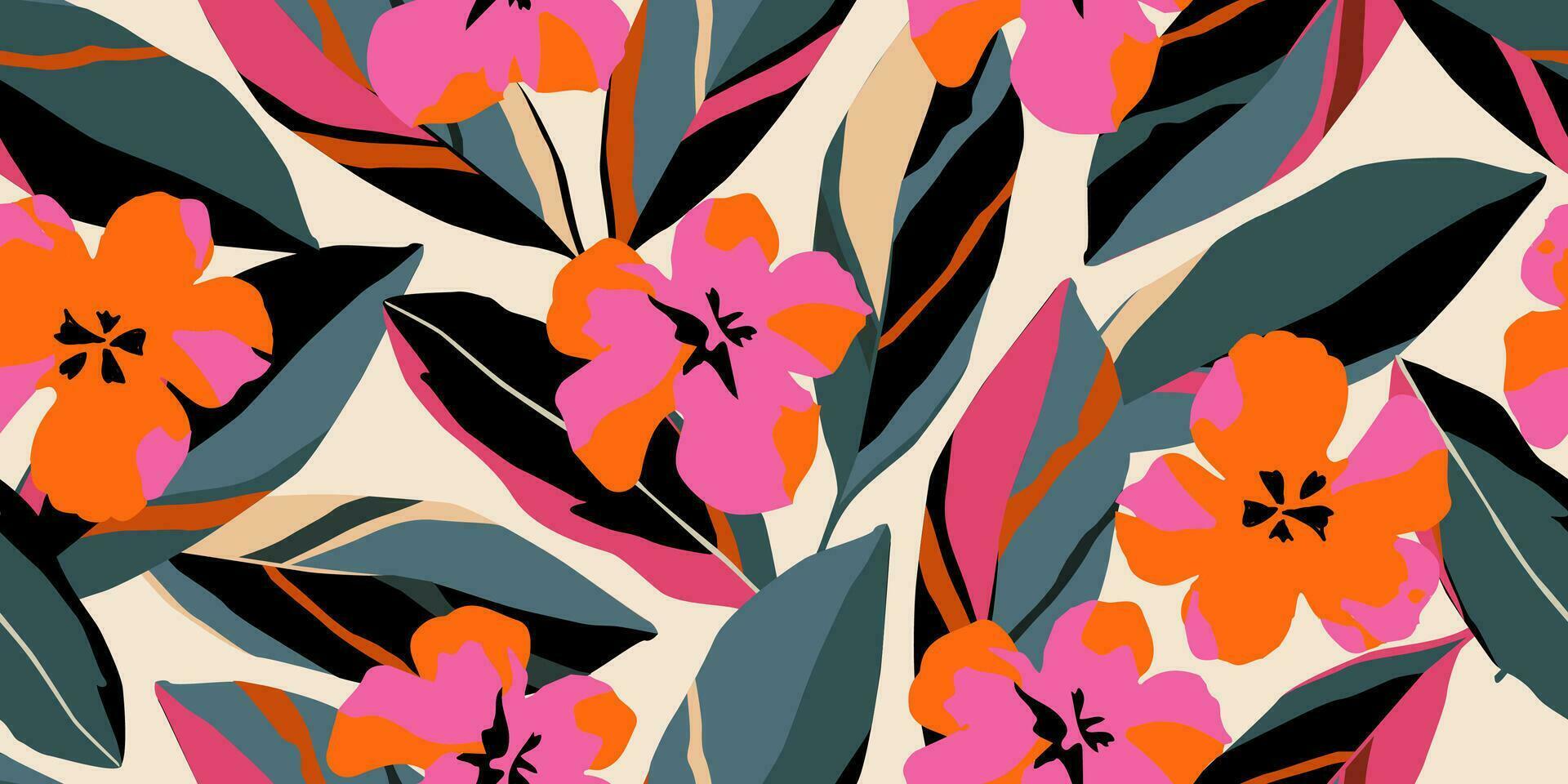 Hand drawn tropical flowers, seamless patterns with floral for fabric, textiles, clothing, wrapping paper, cover, banner, interior decor, abstract backgrounds. vector illustration.