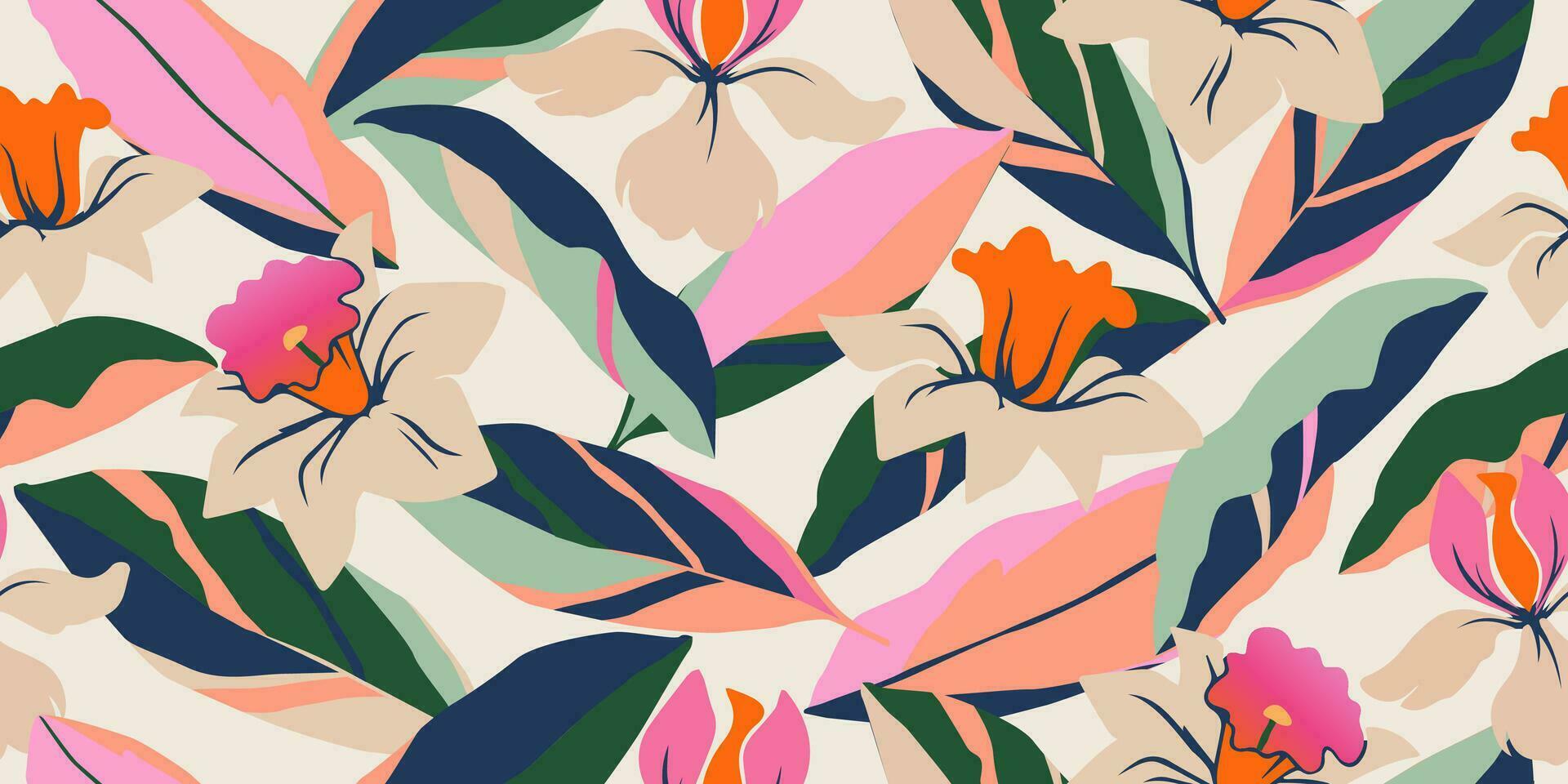 Hand drawn tropical flowers, seamless patterns with floral for fabric, textiles, clothing, wrapping paper, cover, banner, interior decor, abstract backgrounds. vector illustration.