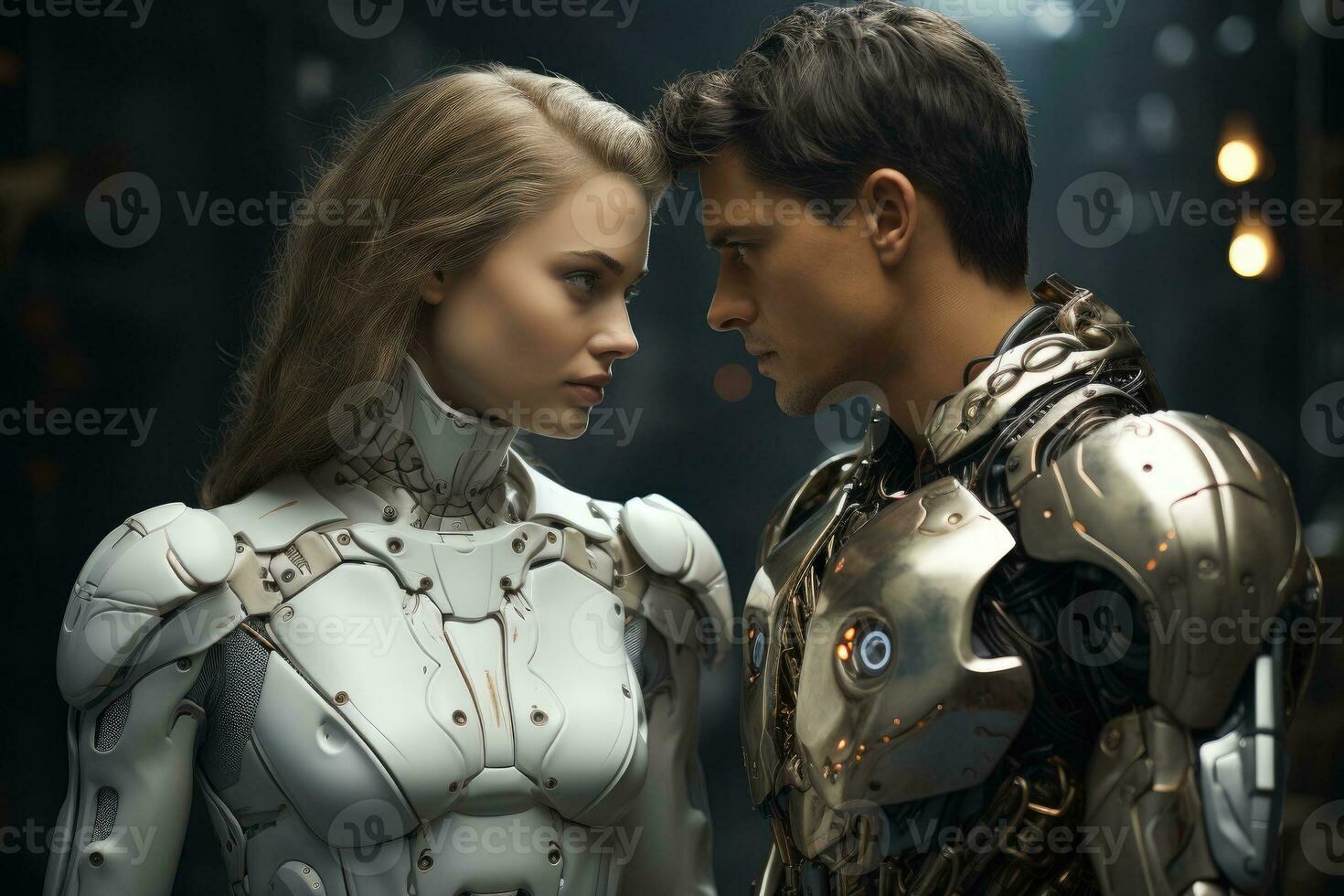 Ai Generated Young Man And A Humanoid Female Robot Look At Each Other 36098269 Stock Photo At Ai Generated Young Man And A Humanoid Female Robot Look At Each Other 36098269 Stock Photo At