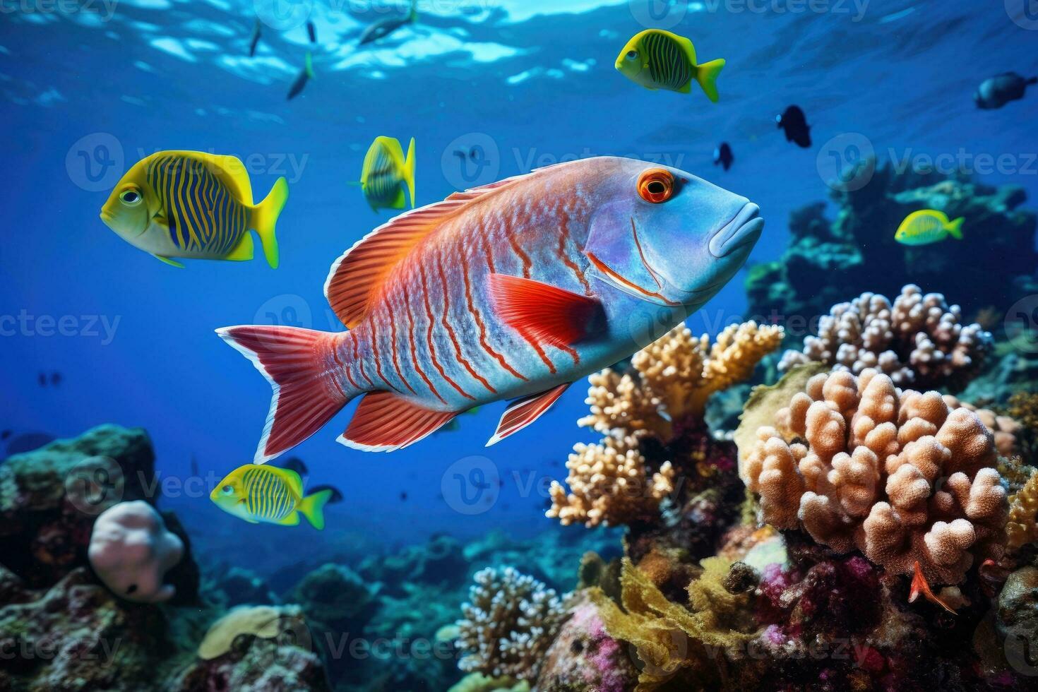 AI generated Fish over a coral reef in the sea. Generative AI photo