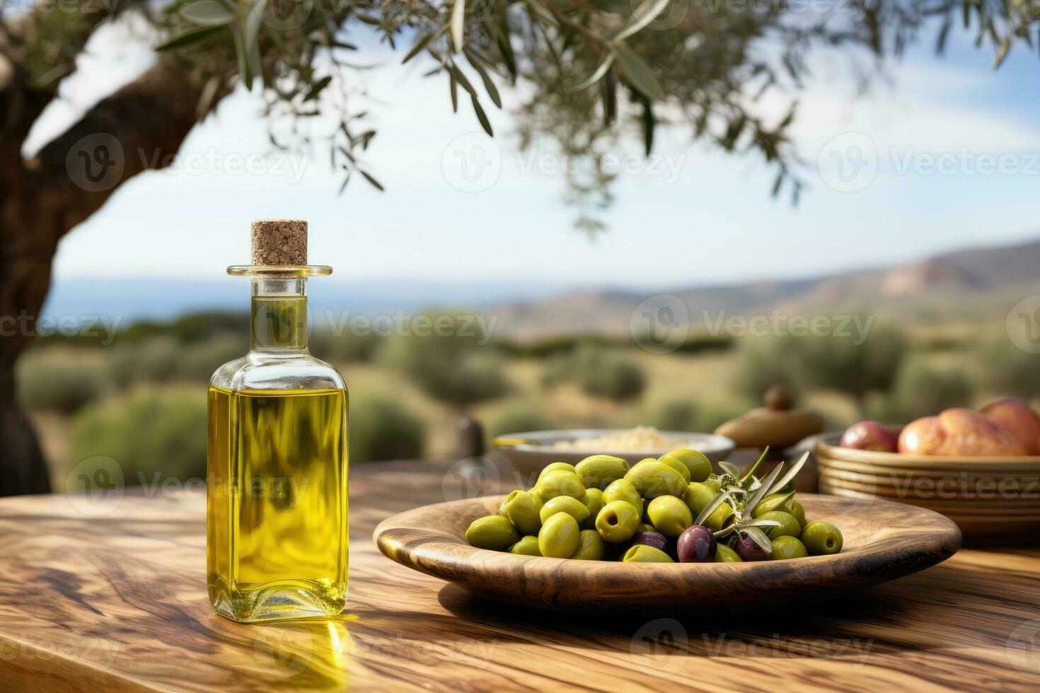 AI generated Old wooden product display table with natural green olive field and olive oil photo