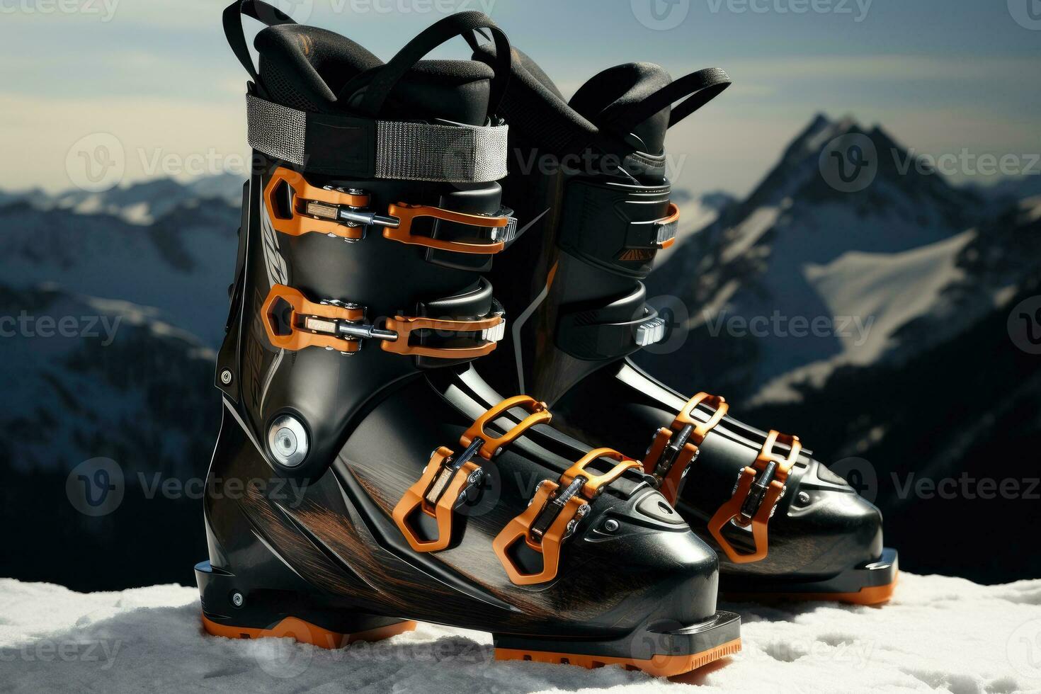 AI generated Side view of modern ski boot on mountain background photo