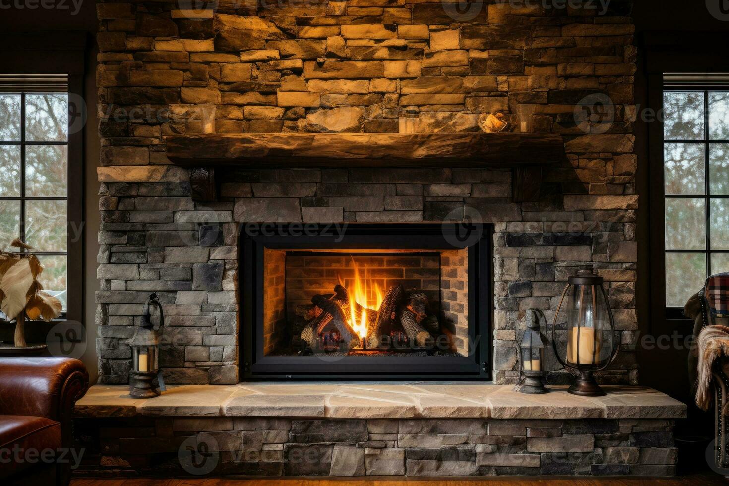 AI generated A large stone fireplace with blazing flames photo