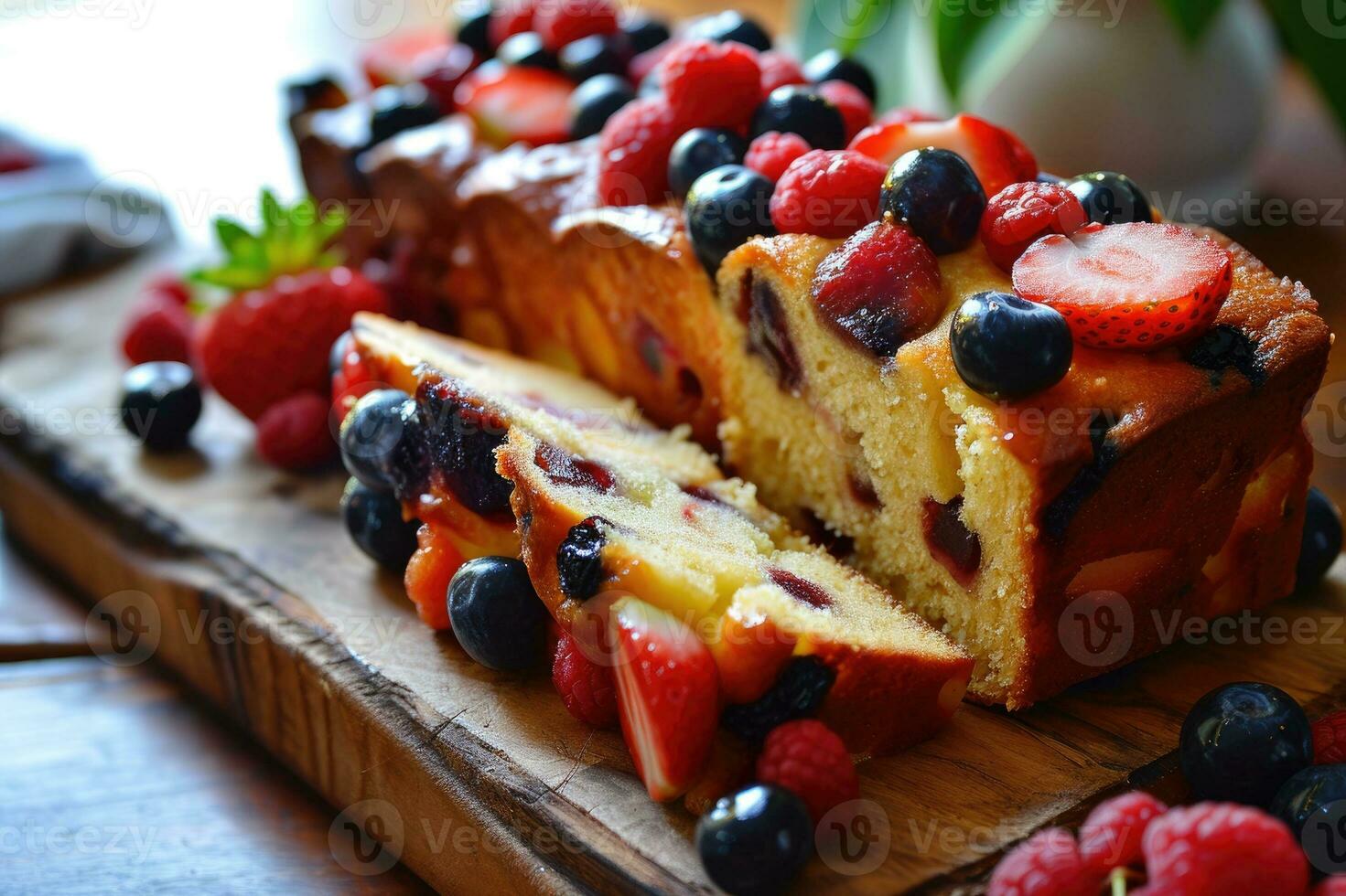 AI generated Freshly baked fruit cake with fresh fruit photo