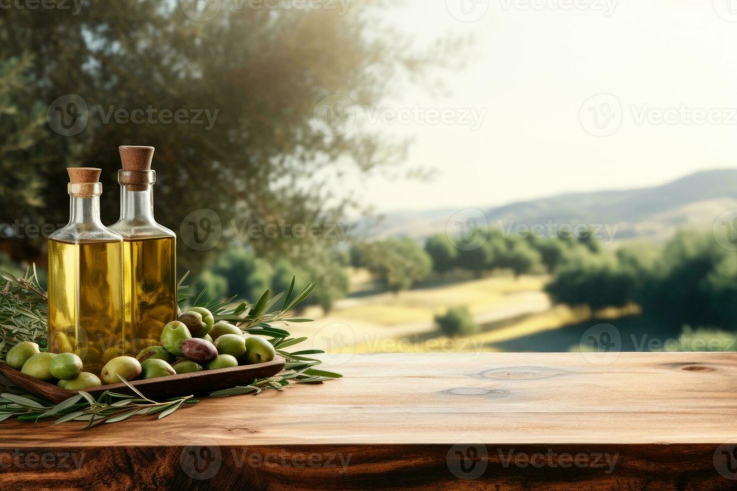 AI generated Old wooden product display table with natural green olive field and olive oil photo