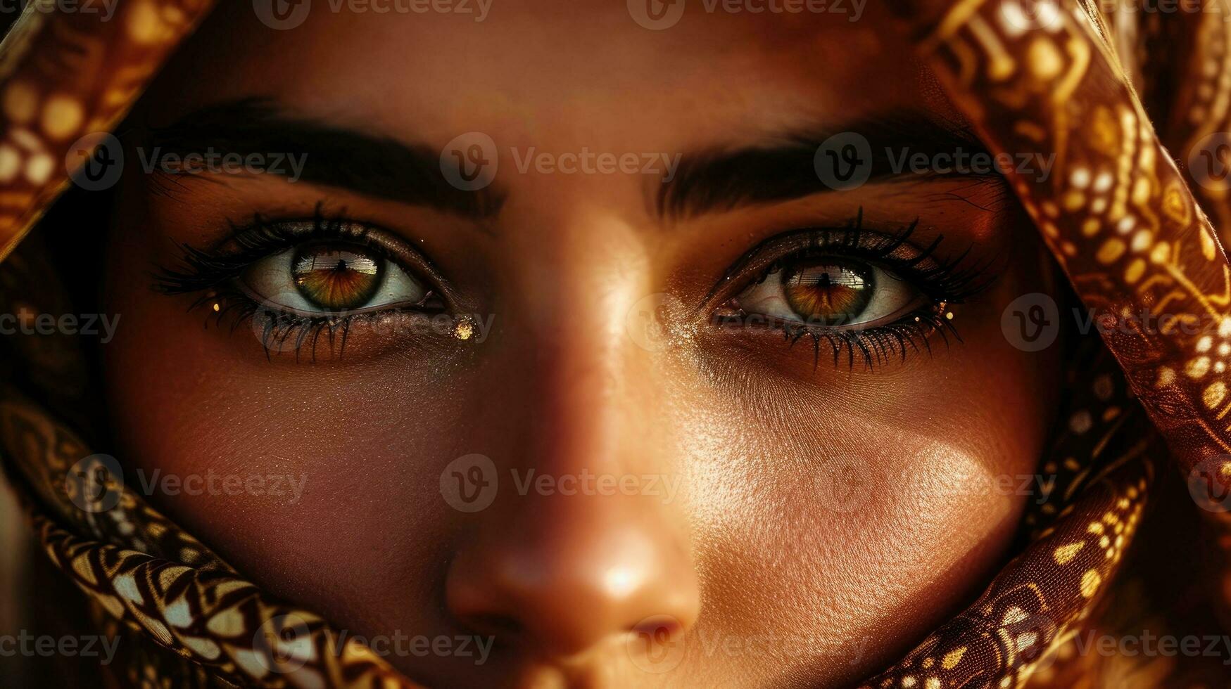 AI generated Piercing look into the eyes of an Arab woman with a headscarf photo