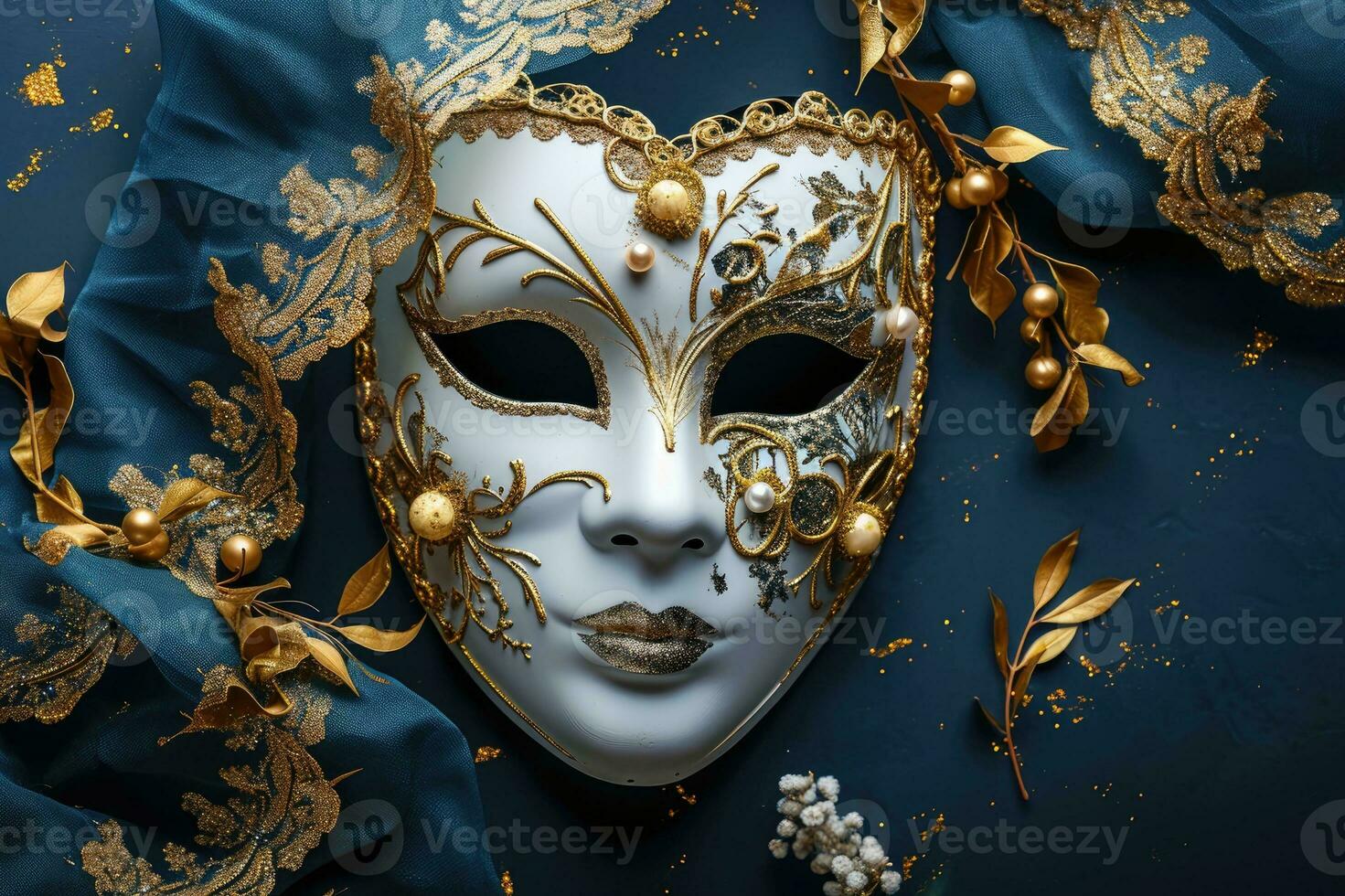 Happy New Year background with white masquerade party mask and