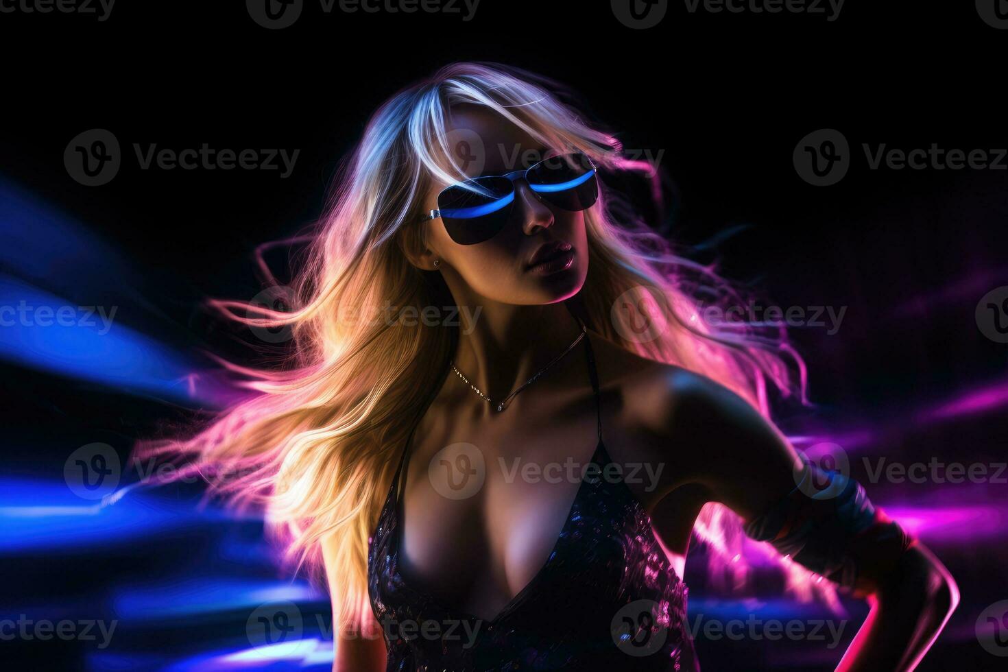AI generated Attractive dancing blonde in club with neon light on black background photo