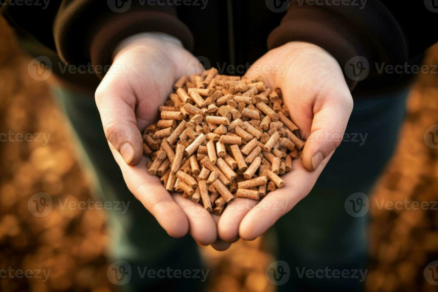 AI generated Male hands holding wood pellets. Ecologic fuel made from biomass. Renewable energy source. photo