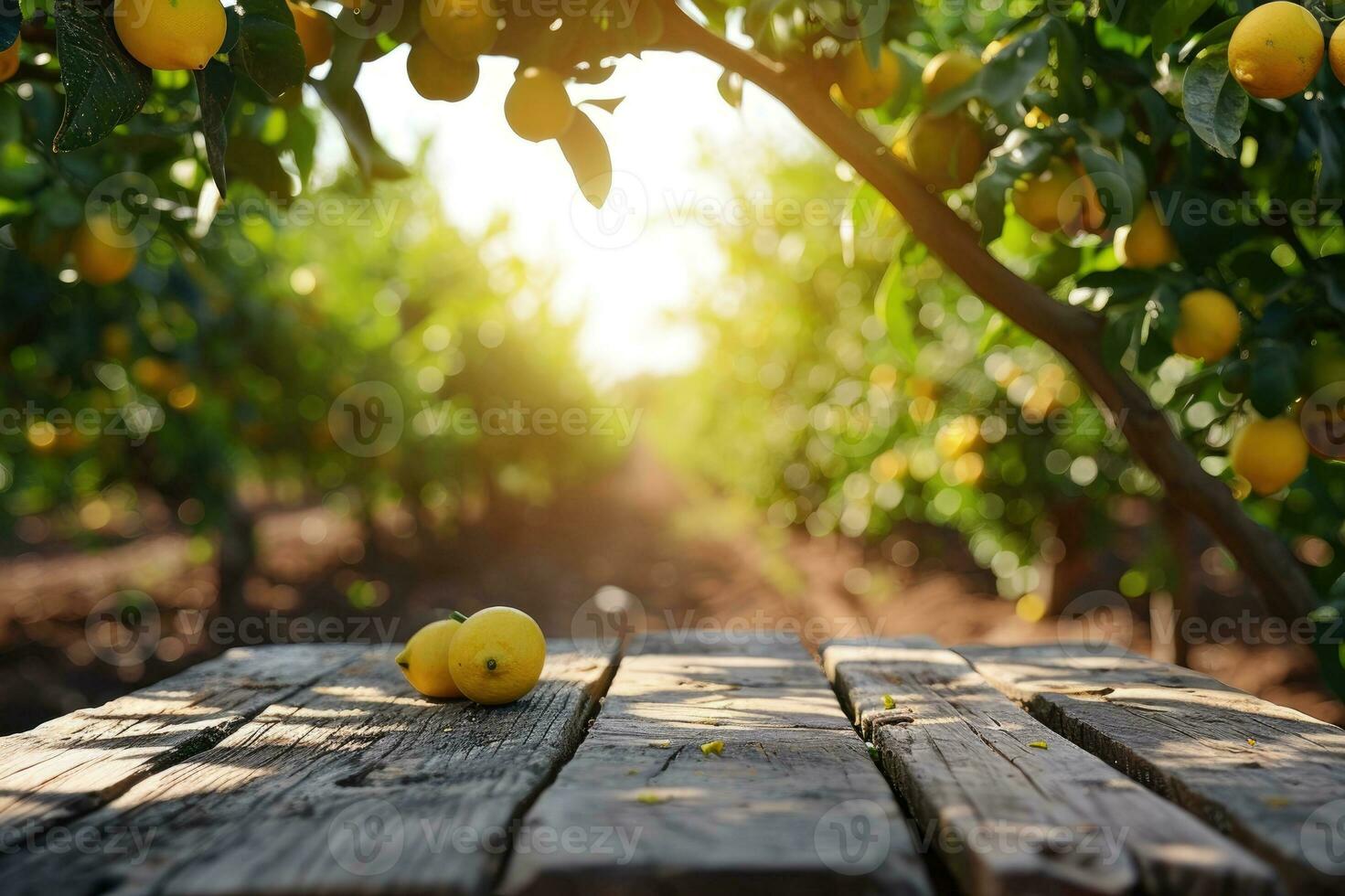 AI generated Wooden table top on blurred background orchard with lemons photo
