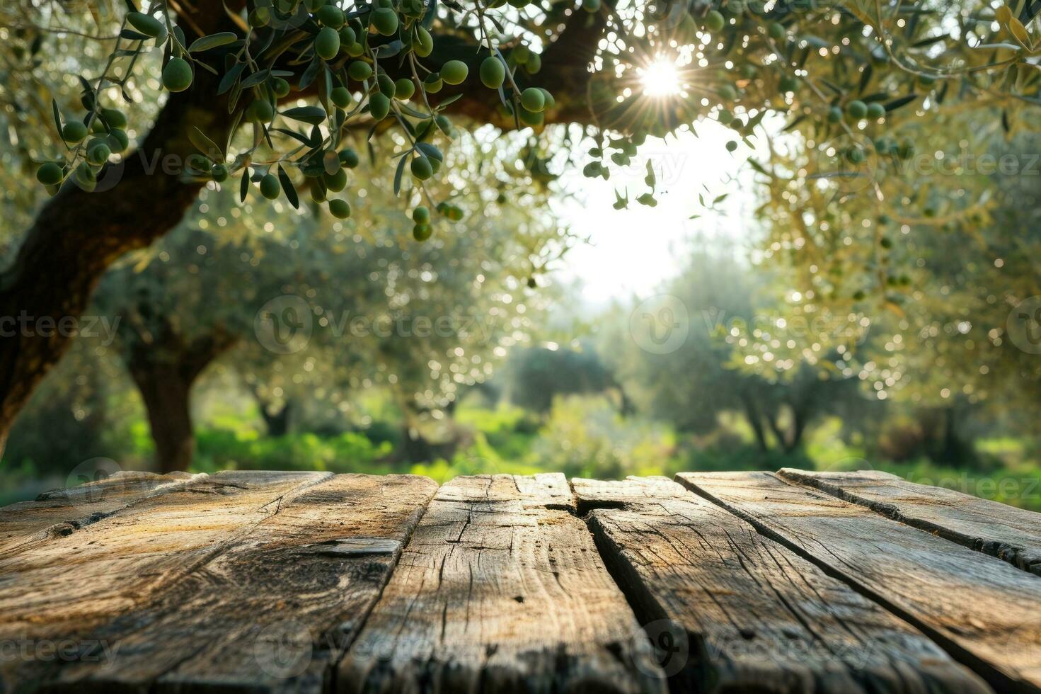 AI generated Empty old wooden table for product display with natural green olive field and green olives photo