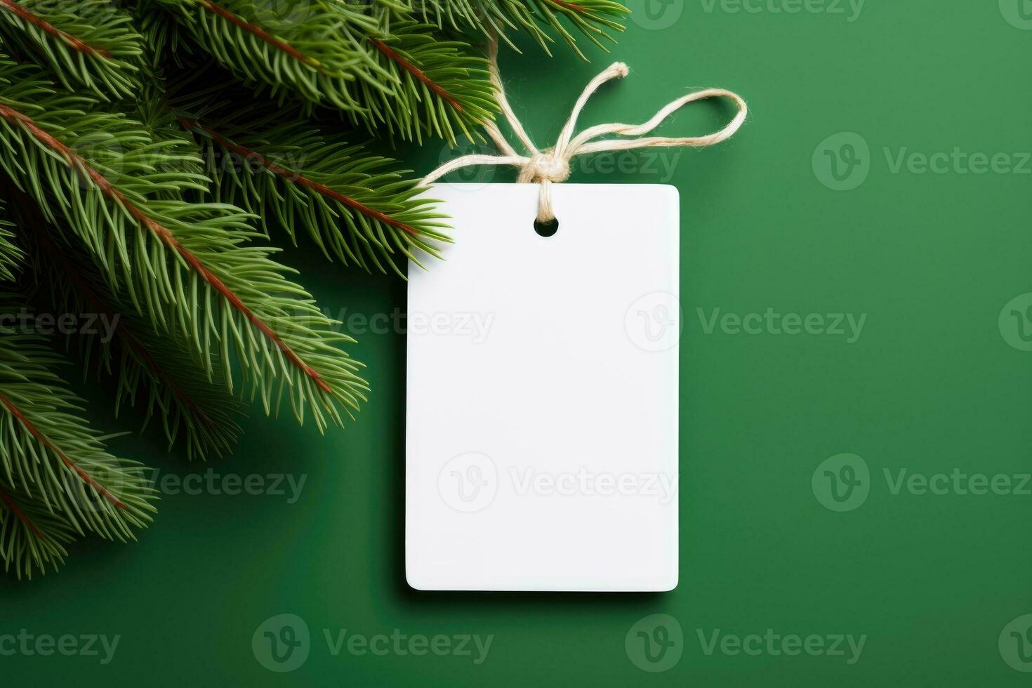 AI generated White blank price tag on green background with Christmas tree branch. Copy space. photo