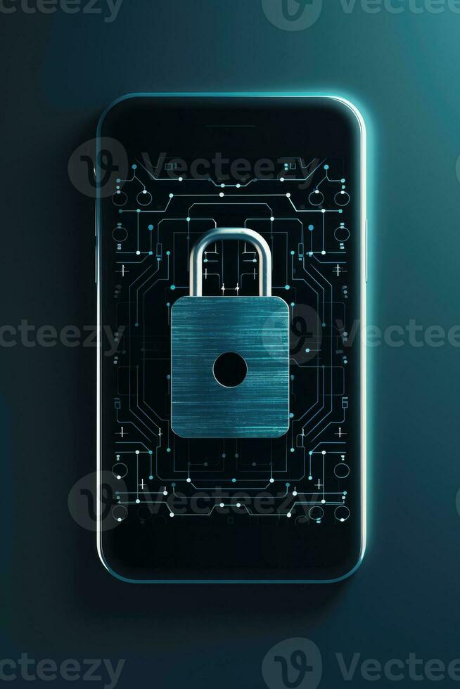 AI generated Cyber security, mobile phone with safety lock system for network. Smartphone screen for privacy, antivirus or hacking photo