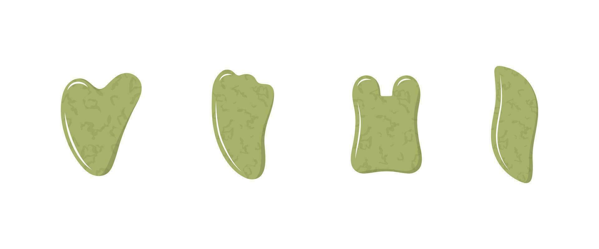 Gua sha scraper for facial massage. Collection of different shape natural green nephrite stones. Skin care, home beauty procedures and morning routine. Vector illustration in flat cartoon style