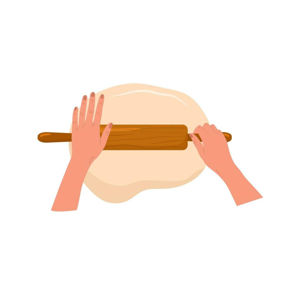 Kneading dough hands. Woman rolls homemade dough with rolling pin. Top view. Cooking school. Stay home and cook healthy food by recipe. Vector illustration in flat cartoon style