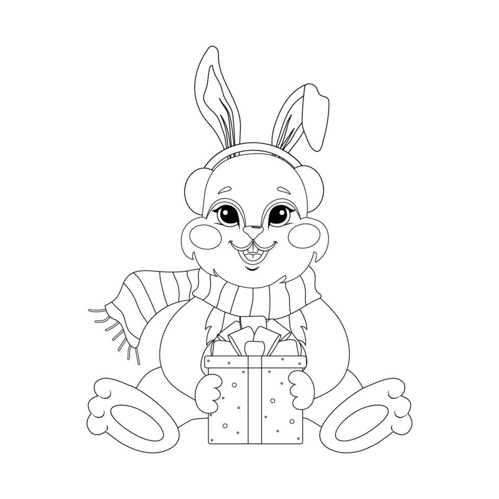 Cute bunny for coloring book. Christmas rabbit with gift box. Black and ...