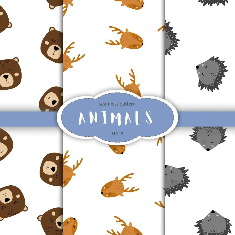 Seamless pattern of cute hand drawn sleeping animals. Cartoon zoo. Vector illustration. Animal for design of children products in scandinavian style.