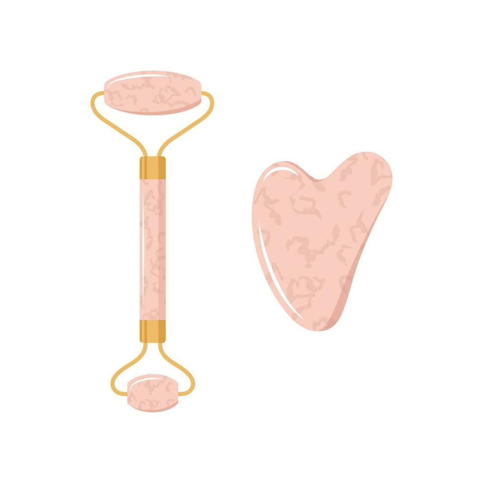 Gua sha scraper and jade roller for facial massage. Collection of different shape natural pink quartz stones. Skin care concept. Vector illustration in flat cartoon style