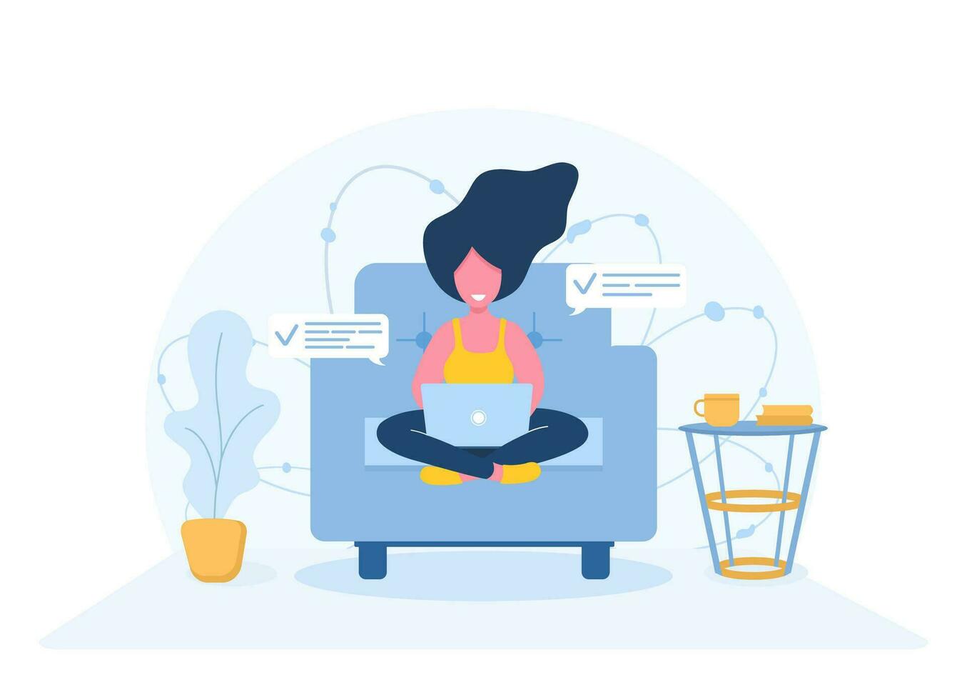Womens freelance. Girl with laptop sitting on armchair. Concept illustration for working, studying, education, work from home, healthy lifestyle. Vector illustration in flat style.