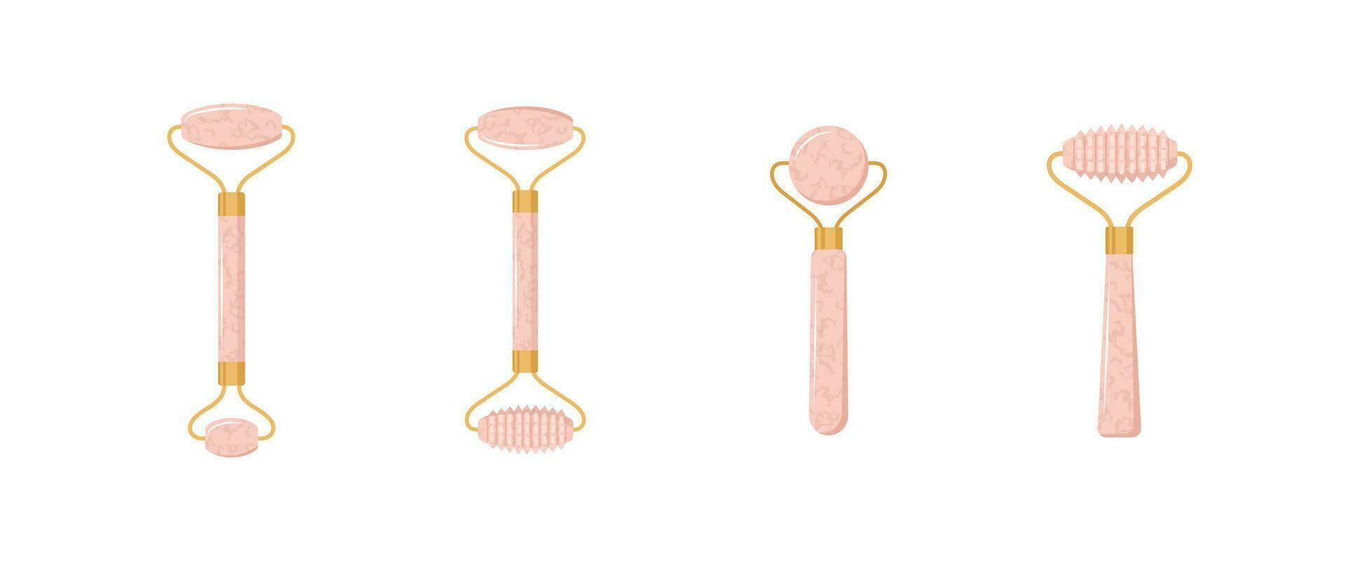 Quartz facial roller. Chinese gua sha massage. Collection of different shape natural pink quartz stones. Skin care and morning routine. Vector illustration in flat cartoon style